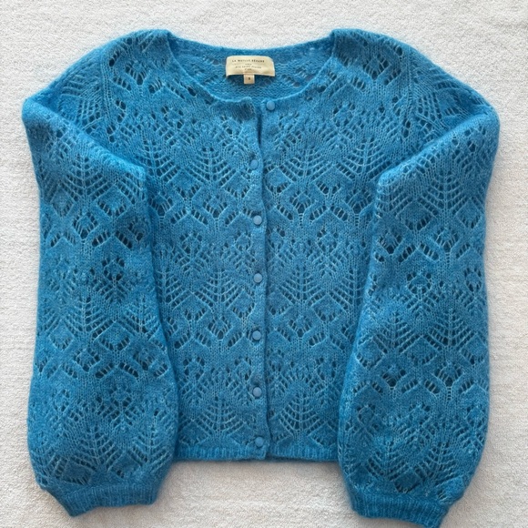 Sezane Olympe Blue Azur Mohair Wool Pointelle Cardigan/Jumper - Size S - Picture 6 of 14